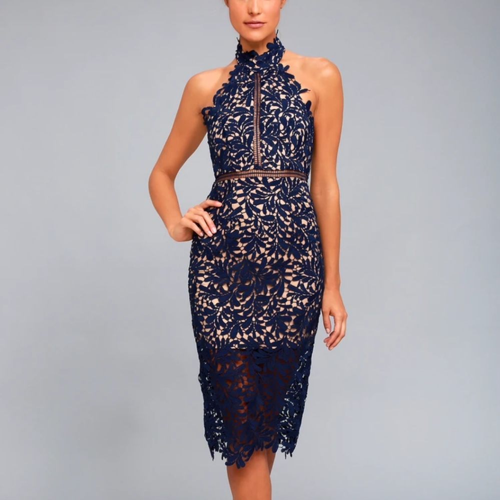 Lulus Divine Destiny Navy Blue Lace Midi Dress